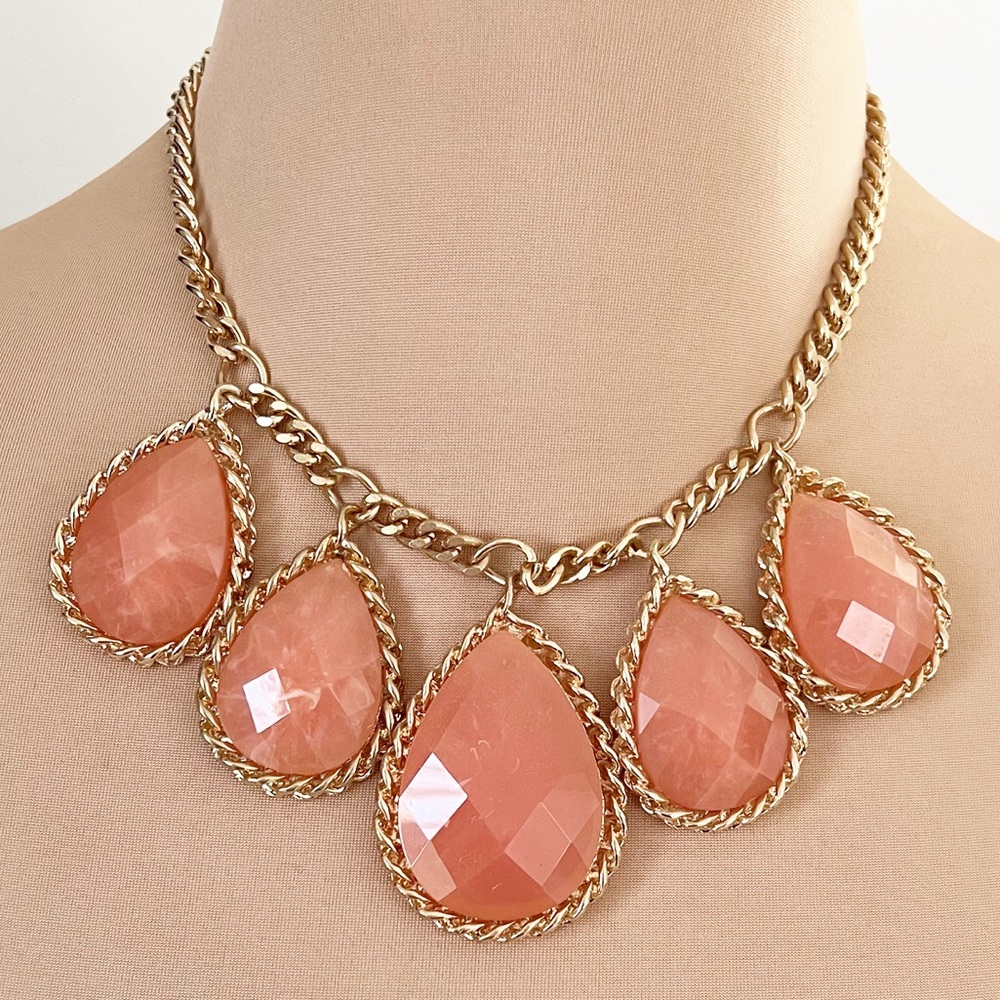 Coral Teardrop Chain Wrap Statement Necklace